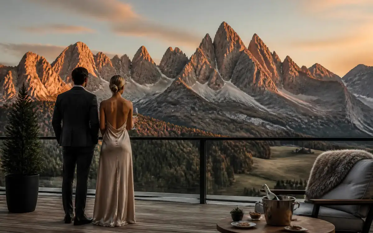 A couple watching sunset over the Dolomites from a luxury mountain terrace